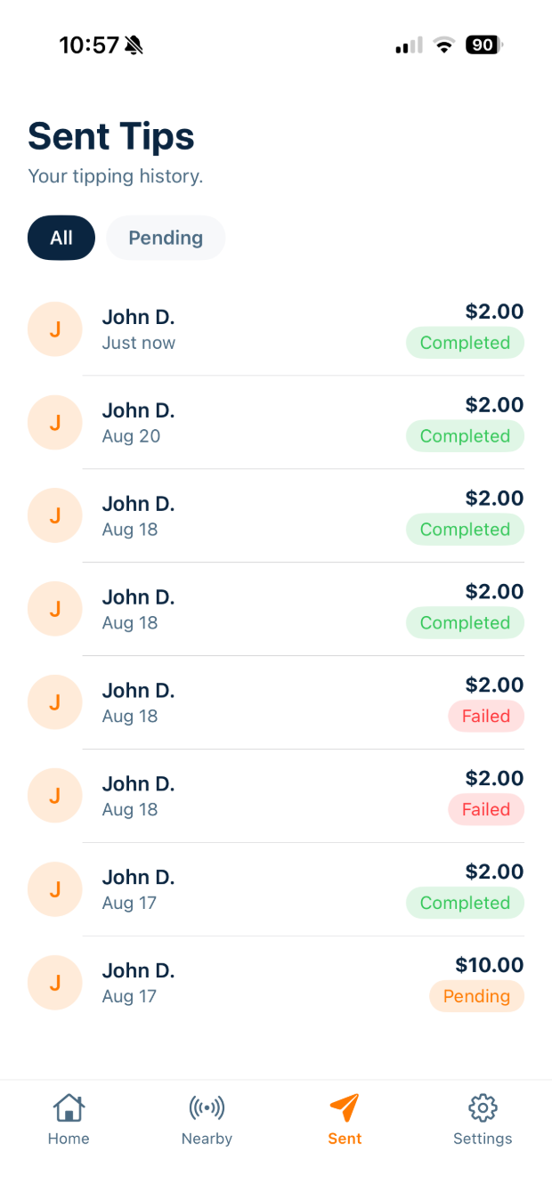 QuickTip sent tips history