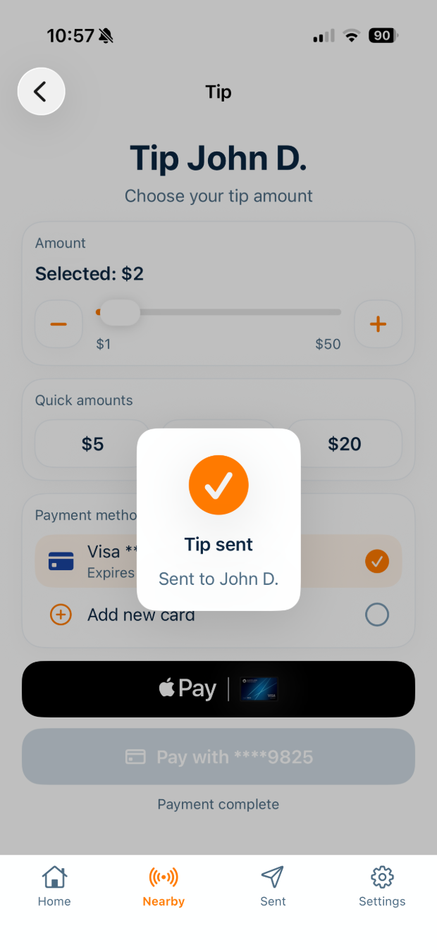 Tip sent confirmation
