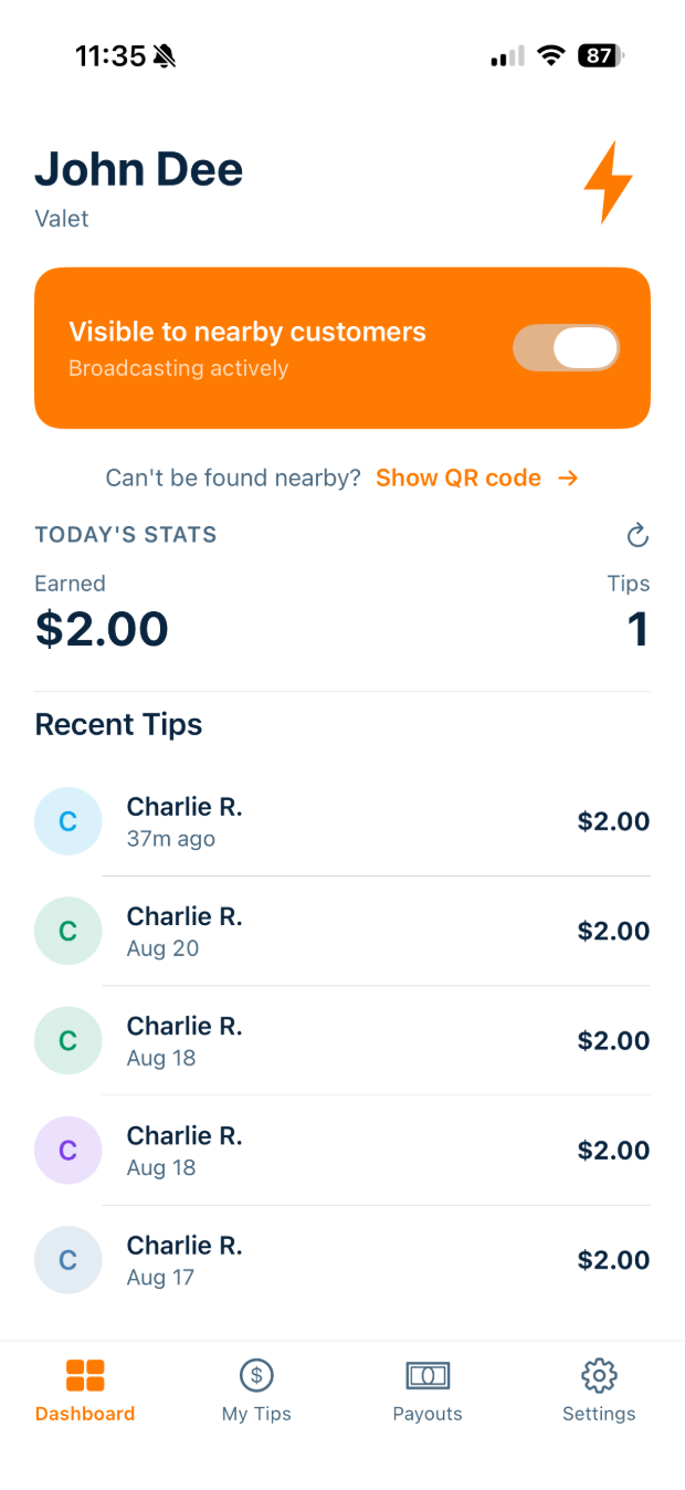 Worker dashboard broadcasting actively